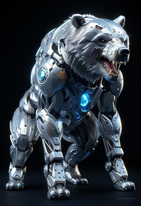 SilverPulse, silver sculpture of a mech standing grizzly bear, open mouth threatening, bare teeth, powerful energy beam shooting from chest,  opulent study, layering outline with zirconia light, intricate, hyper-detailed, professional photoshoot, ultra-sharp, vivid colors, dark lighting, 50mm lens,