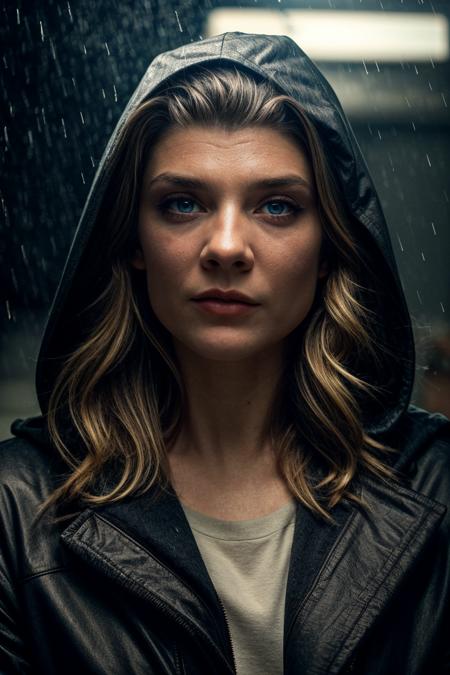 movie still, a lone female hacker walking in the rainy London, gloomy at night, hooded, lonely, foggy, heavy rain, wet, face closeup, sharp focus, cinematic shot, (high detailed skin:1.1)
<lora:0more_details:1> <lora:natalie_dormer_lora_v01:1> natdormer