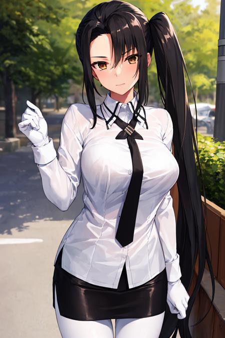 <lora:NachiKancolleV2:1>, 1girl, solo,
nachi \(kancolle\), very long hair,
collared shirt, white shirt, long sleeves, black necktie, white gloves, black skirt, miniskirt, pencil skirt, white pantyhose,
outdoors,