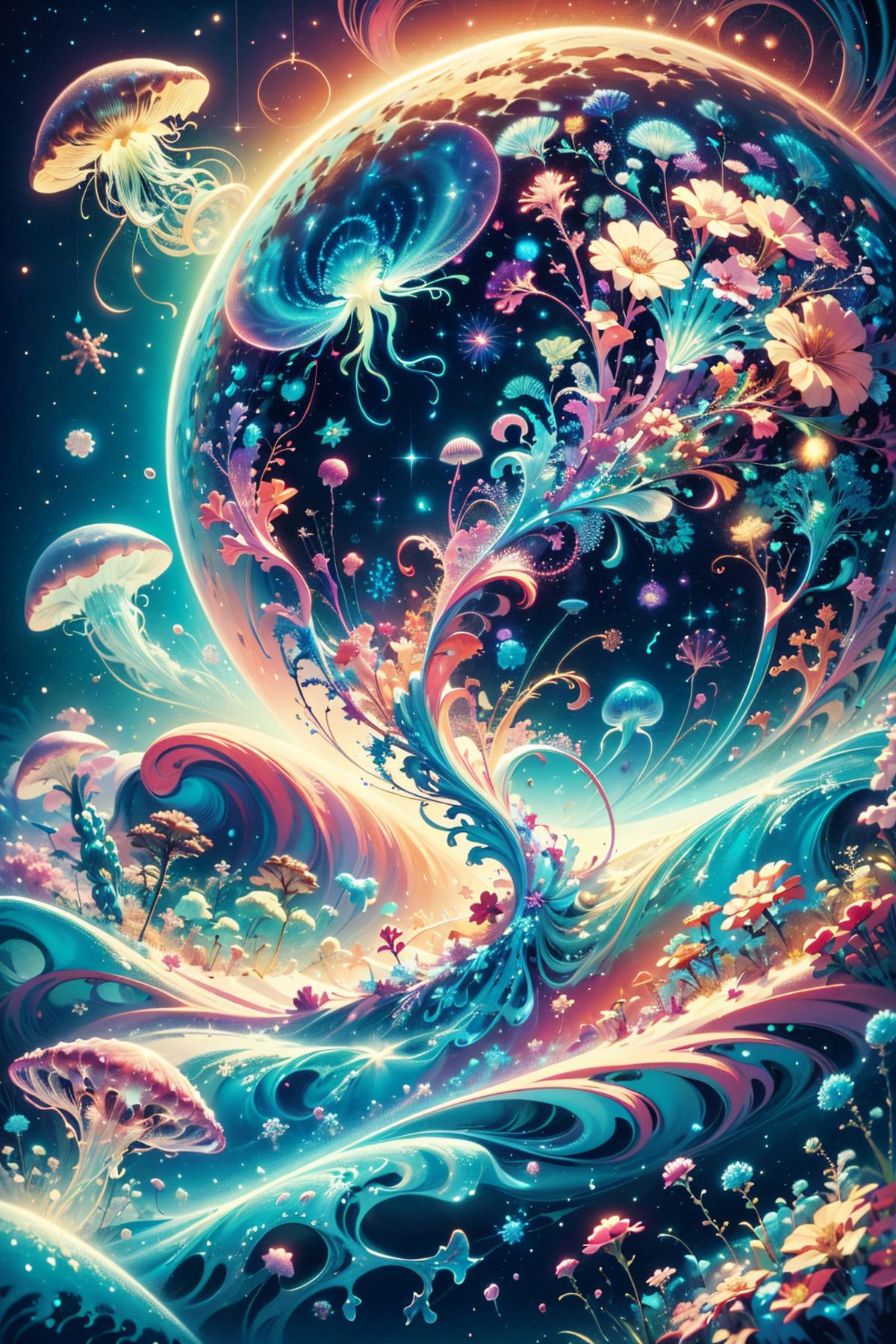 Psychedelic Artwork of a Colorful Universe with Flowers, Mushrooms, and Stars