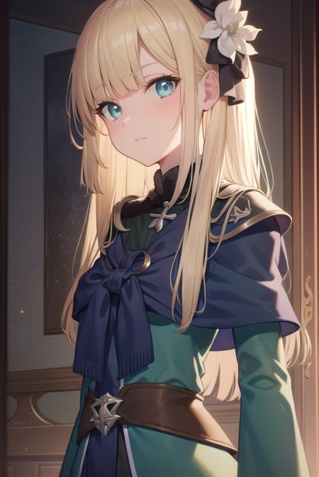 fgoreines, <lyco:reines-lyco-nochekaiser:1>,
reines, blonde hair, (green eyes:1.5), long hair, bangs, blunt bangs,
BREAK beret, black headwear, black ribbon, blue dress, brown gloves, dress, flower, fur collar, fur trim, fur-trimmed sleeves, gloves, hair flower, hair ornament, hair ribbon, hat, long sleeves, ribbon, rose, tilted headwear, white flower, white rose,
BREAK looking at viewer,
BREAK indoors,
BREAK <lyco:GoodHands-beta2:1>, (masterpiece:1.2), best quality, high resolution, unity 8k wallpaper, (illustration:0.8), (beautiful detailed eyes:1.6), extremely detailed face, perfect lighting, extremely detailed CG, (perfect hands, perfect anatomy),