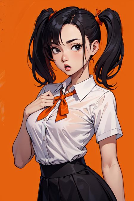 masterpiece,best quality,upper body,1girl,collared_shirt and flared_skirt as material2,orange theme,color trace,head out of frame,short twintails,small breasts,black eyes,;o,breast conscious
Negative prompt: easynegative, verybadimagenegative_v1.3,bad-hands-5, (sketch),lowres,(text,words:1.3),watermark,blurry,(simple background),abstract,glitch,jpeg-artifact,desaturated
Steps: 20, Sampler: Euler a, CFG scale: 5, Seed: 2224929816, Size: 512x768,