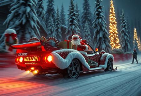 hyperdetailed ultra-detailed realistic,  
extremely detailed  Santa klauss hot racer car, full of gifts,  fast and cool racing car, with glowing vibrant light, detailed Christmas racing environment, dark shot, rtx, at exotic snow florest background , High Definition HD, High Detail, Perfect Composition, action movie,
