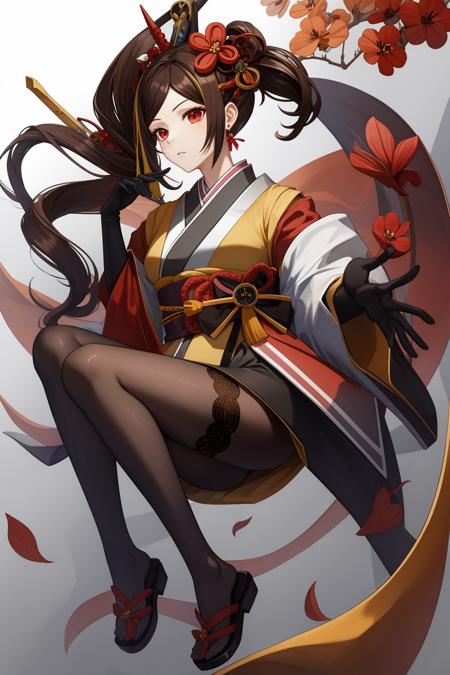 <lora:åç»-000019:1:lbw=role>,qianzhi,hair ornament,red eyes,japanese clothes,brown hair,kimono,gloves,bangs,black gloves,multicolored hair,hair flower,side ponytail,elbow gloves,pantyhose,, 1girl,
,  (masterpiece,best quality:1.2),absurdres