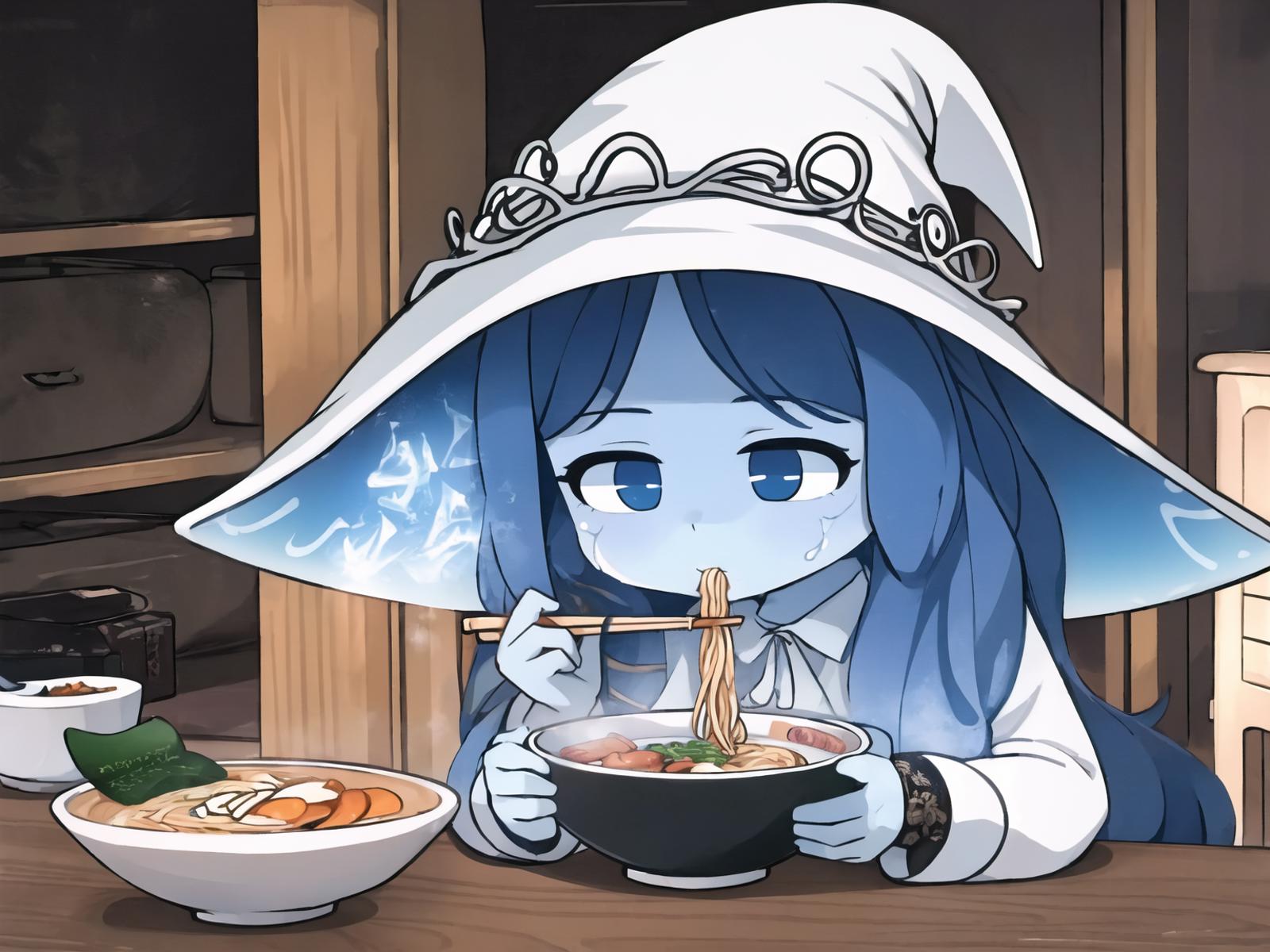 A blue-skinned girl wearing a wizard hat eating noodles.