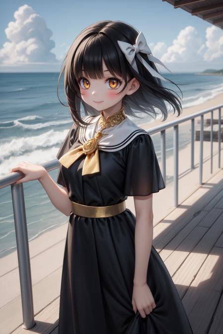 masterpiece, best quality, 1girl, black hair, golden eyes, long blue dress, white bow, gold brooch, ocean in background, boardwalk, railing, smile, gentle breeze