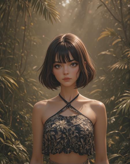 (Upper body photo:1.2). 1Female. Cropped Cross Halter Top and cargo pants. Highly detailed beautiful expressive eyes. Detailed face with soft features. Exotic Brazilian bob cut. (Behind her is a Vast aqueduct. jungle and city in the background:1.2). Photorealistic, Natural atmospheric lighting, intricate details, 35mm photograph, film, professional, 4k visuals, highly detailed, elegant, studio quality.