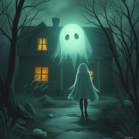 a depiction of a cute and shy ghost following an unsuspecting couple exploring an abandoned house
