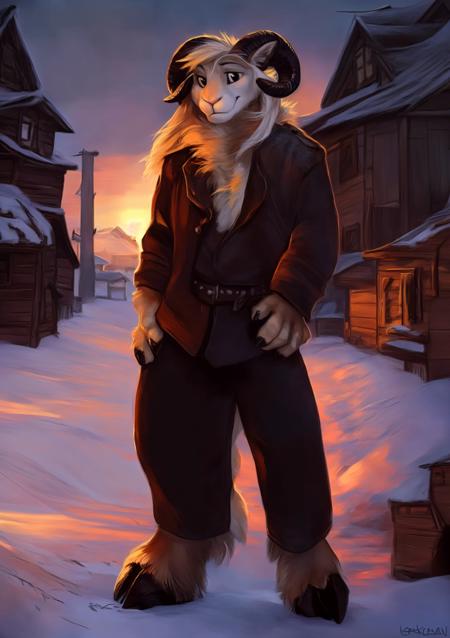 male, solo, anthro, mammal, goat, caprine, (caprine horn), horizontal pupils,  cloven hooves,
fully clothed, bottomwear, topwear, pants, jacket, (adventurer), hand on hip,
fur, fluffy, tuft, chest tuft, long hair, neck tuft, inner ear fluff, digitigrade,
standing, front view, looking at viewer,
(detailed background), outside, rock, sunbeam, snowy peaks, sunrise, (village:1.3),
by kenket, by darkgem, by miosha,
fully clothed, bottomwear, topwear, pants, jacket, (adventurer), hand on hip,
fur, fluffy, tuft, chest tuft, long hair, neck tuft, inner ear fluff, digitigrade,
standing, front view, looking at viewer,
(detailed background), outside, rock, sunbeam, snowy peaks, sunrise, (village:1.3),
by kenket, by darkgem, by miosha,