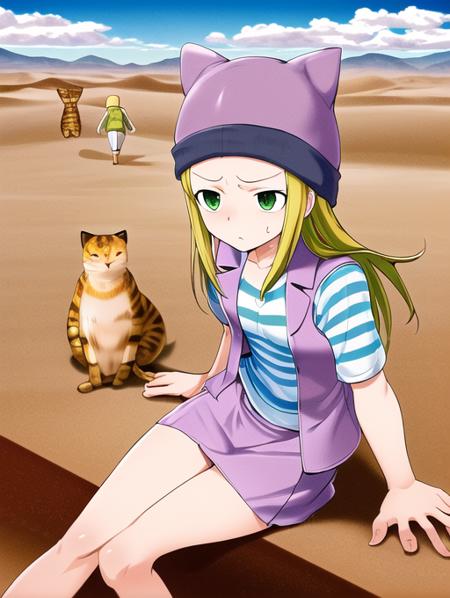 best quality, masterpiece, highres, detailed, perfect anatomy,  <lora:Detail - add_detail:0.2>, orimotoizumi, purple vest, striped shirt, beanie, cat hat, desert, strong wind, walking, tired,  <lora:Izumi-10:0.8>, green eyes, sitting, small breasts, skirt,