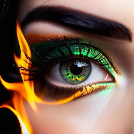 Ultra extreme closeup of a young womans eye ((((with fierce fire inferno reflecting from it)))), glossy green eye shadow, fire lighting the dark scene, super macro, green eye, view from side, mascara, winged eyeliner, mesmerizing, eyelash extension, shallow depth of field, f/1.4, focus blur, beautiful, bokeh, reflections, ultra realistic, gorgeous, silky smooth skin, dramatic light