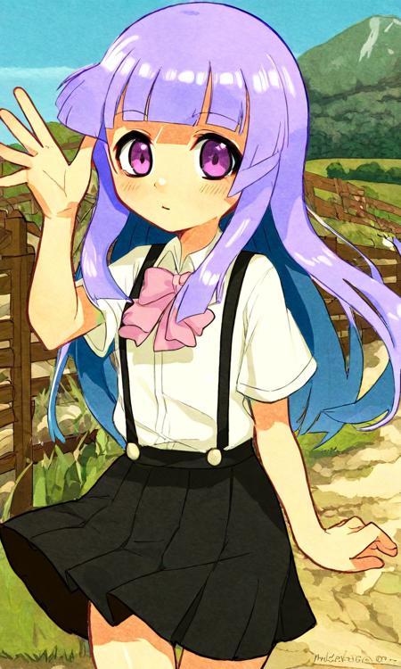 by mizokooohmygod, furude rika, 1girl, black skirt, blue hair, blunt bangs, bow, collared shirt, hime cut, long hair, pink bow, purple eyes, rural, shirt, sidelocks, skirt, sky, solo, suspender skirt, suspenders, waving, white shirt, <lora:sdxl - Char - Furude Rika - Bionagato>