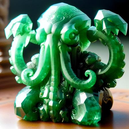 <lora:EmeraldMorph:1>, emeraldmorph, An emerald idol carved in the shape of Cthulhu, regal pose, translucent gemstone with many facets, on a carved stone alter in a South American temple,