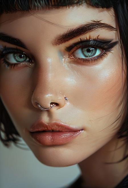 score_9, score_8_up, score_7_up, score_6_up, solo, 1girl, looking at viewer, lips, nose, large eyes, close-up, realistic, portrait, smirk, makeup, goth girl, (((very large nosering)))