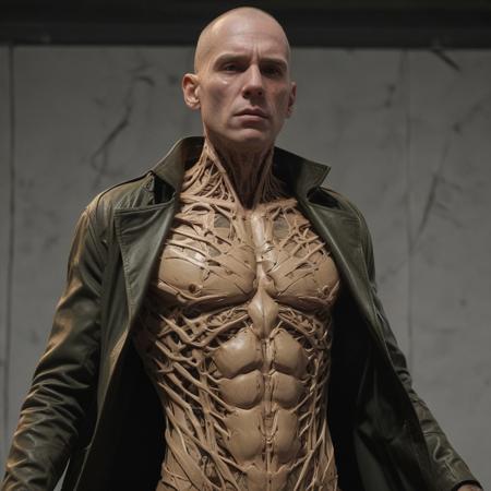 a close up of a men in , jacket over bare torso, eleven-dimensional, alt art, dio, still from animated horror movie,, 2049, full body and head view, warping time and space, full body visible, 7 7 7 7, logan, flickr, dreamscape, asymmetrical, intricate detail, golden ratio, concept art, artstation trending, environments, unreal engine, sharpe focus, cinematic