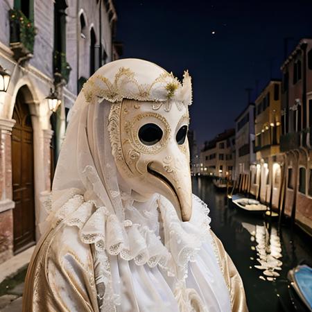 masterpiece, city of venice, female pestdoctor wearing pest mask with long pointed nose dressed in colorful carnival costume, colorful, cozy outdoor lighting, , <lora:PlagueDoctor:0.7>