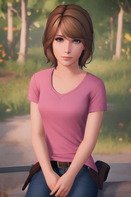 portrait of maxcaulfield ,solo, shirt, brown hair, short hair, realistic, upper body, (pink shirt:1.1), lips, blue eyes, nose, bangs