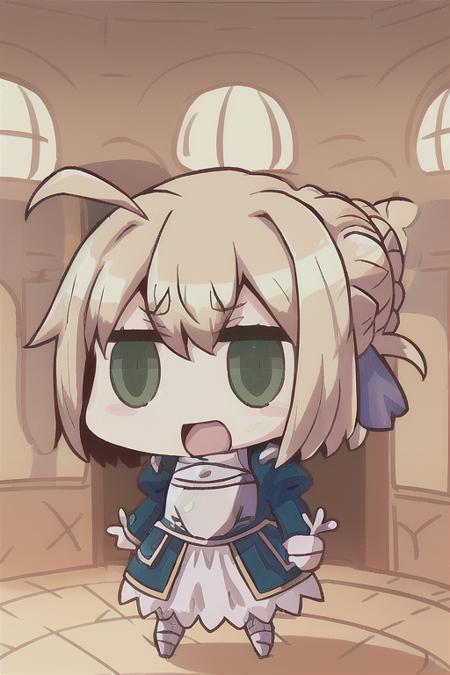 1girl, solo, blonde_hair, long_sleeves, dress, ribbon, green_eyes, hair_ribbon, braid, ahoge, puffy_sleeves, hair_bun, chibi, armor, parody, jitome, april_fools, artoria_pendragon_(fate), riyo_(lyomsnpmp), saber, fate_(series), fate/grand_order, hand up, open mouth, happy,    <lora:April-Fools:1>