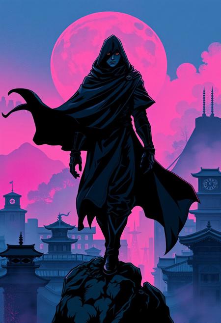 A dark rogue standing atop a gothic cityscape, their cloak swirling with movement, as comic-style shadows define their form but the background is painted in rich, semi-realistic fantasy textures., Ukiyo-e inspired composition, bold graphic linework, neon cyberpunk lighting, soft atmospheric mist, Edo-period architecture mixed with modern urban landscapes, deep blues and electric pinks, cinematic contrast, stylized nature elements, traditional meets futuristic