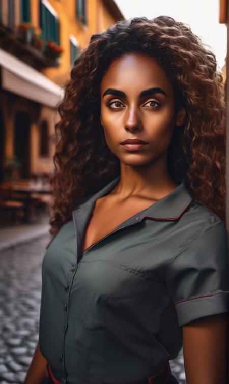 <lora:Gaia_Scodellaro_xl_lora-000021:1>woman  Realistic 8K portrait:  (brown skin) waitress, standing, old italian village, outdoor cafe, narrow streets, bright brown eyes, wind-blown long hair, uniform; dramatic lighting, cinematic colors; hyper-above, hi detail, sharp focus, perfect lighting, awesome, dslr, 4k high quality. extra detail, extra sharp, magical, perfect moment, natural skin, pores