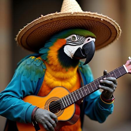 a parrot wearing a sombrero is playing guitar