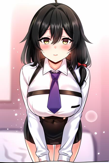 ((masterpiece, best quality)),1girl,standing, ahoge, lumi \(uniform\) \(seka\), bangs, blush, breasts, black_hair, collared_shirt, eyebrows_visible_through_hair, hair_between_eyes, large_breasts, long_sleeves, looking_at_viewer, necktie, purple_necktie,skirt, thighs, (white_shirt), yellow_eyes,,,,,,,,extremely detailed CG unity 8k wallpaper, perfect lighting,Colorful, Bright_Front_face_Lighting,White skin, (masterpiece:1.0),(best_quality:1.0), ultra high res,4K,ultra-detailed, photography, 8K, HDR, highres, absurdres:1.2, Kodak portra 400, film grain, blurry background, bokeh:1.2, lens flare, vibrant_color,professional photograph,bow breasts, (beautiful_face:1),(narrow_waist),(Beautiful  large breasts),Beautiful Finger,Beautiful long legs,Beautiful body,Beautiful Nose,Beautiful character design, perfect face,perfect balance,(2d)