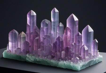 Fluorite Cityscape:
Concept: Arrange a variety of fluorite crystals of different sizes and colors to create a miniature "cityscape." Think towering skyscrapers, smaller buildings, and glowing avenues.
Details:
Use larger cubic or octahedral fluorite crystals as the main "buildings."
Intersperse smaller crystals to create variations in height and texture.
Consider a dark, textured background (like black velvet or slate) to make the fluorite colors pop.
Lighting: Side-lighting or backlighting can emphasize the geometric shapes and create dramatic shadows, adding to the cityscape feel.