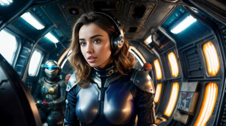 (one) attractive woman [Ana De Armas | Sarah Gadon] in an elaborate multicolor skin-tight combat suit, open-faced helmet, riding a hovercycle, futuristic, high-tech, vibrant, segmented, colorful, elaborate, beautiful face, piercing eyes, sunset, soft lighting ,dynamic photo, depth of field, in the style of the movie ready player one