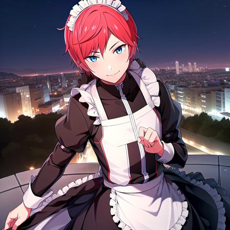 best quality, highres,ultra-detailed, 1girl, solo_focus,   <lora:Reinhard:0.8>, Reinhard, 1boy, city background at night, maid_outfit, crossdressing