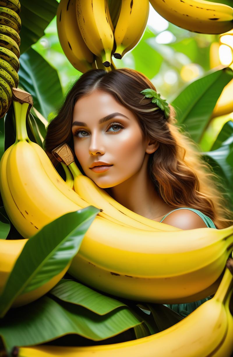 A woman with a green crown is surrounded by bananas, which are hanging from a tree.