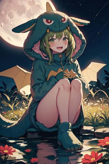 gaogaonichika, 1girl, solo, hood, bangs, green hair, fangs, animal costume, tail, wings,
:d, blush, hand on own knee, looking at viewer, open mouth, sitting, smile, solo, artist name, canvas (object), crescent moon, easel, fantasy, floating, flower, from behind, full body, glowing, light particles, melting, moon, night, night sky, outdoors, painting (object), reflection, scenery, shadow, sky, star (sky), starry sky, wide shot
<lora:nichika-gao-v1.1b:1>