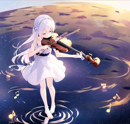 reflection, dress, instrument, ripples, violin, barefoot, 1girl, long hair, white dress, sky, star (sky), closed eyes, water, playing instrument, music, standing on liquid, starry sky, solo, standing, sleeveless dress, sleeveless <lora:nijilandscape:0.8>