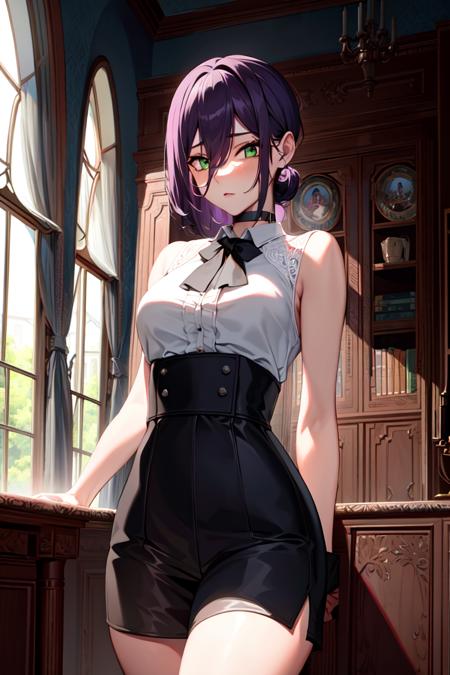 masterpiece, ((ultra detailed background, delicate pattern, intricate detail)), (highly detailed, fine details), best quality, beautiful lighting, ((medium breasts, slim girl)), Reze, 1girl, solo, green eyes, choker, hair between eyes, multicolor hair, purple hair, black hair, hair bun, short hair, white shirt, collared shirt, blush, sleeveless, ribbon, black shorts, complex detailed background, inside, castle room environment, medieval castle, gray walls, window, bookshelf, (cowboy shot),  <lora:Reze:0.75>