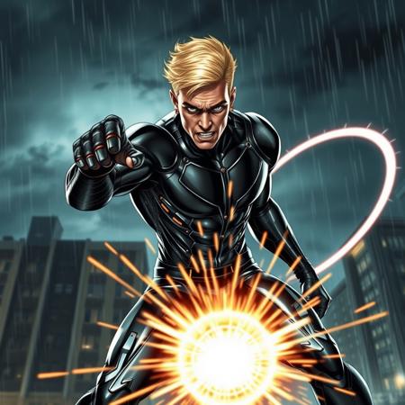 This image shows a 27 year old angry british male superhero figure wearing a detailed metallic black and chrome skintight outfit  , he has blonde hair in a short. The character is depicted in a dynamic action pose, firing a bright white energy blast that looks like expanding circles directly at the viewer  , with sparks flying outward. The background features an nightime urban cityscape with buildings and a cloudy sky and rain , emphasizing a dramatic atmosphere. The character’s stance and visual effects convey power and movement.