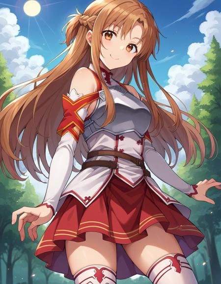 asuna yuuki, long hair, brown hair, brown eyes, skirt, thighhighs, bare shoulders, detached sleeves, armor, white thighhighs, breastplate, red skirt,