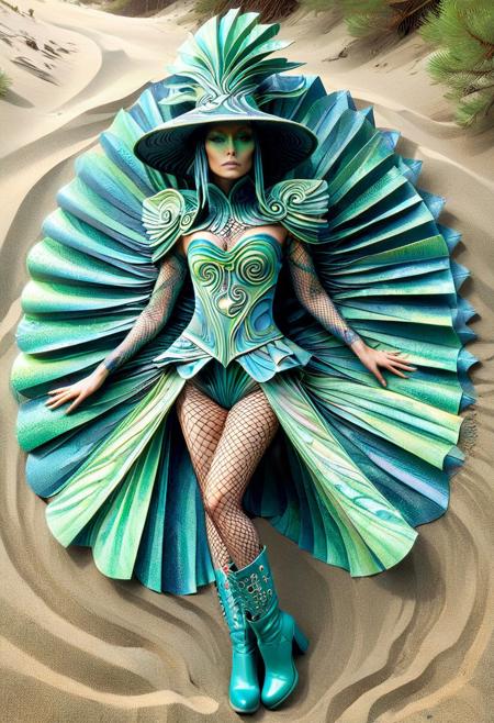 best quality, masterpiece, high resolution, intricate detailed,
PsychadelicChaos,
beautiful photo of a Avant-garde Fashion - Model, wearing surreal futuristic sandswirl costume, 
psychadelic ornaments, folded paper fans hat made of swirling sand,
iridescent, alien clothing. full body, hat, boots,
costume made of pines cones and needles,
rays of light, natural light,
simple dark background, meadow background,