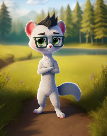 GoshaWeaselCartoon silver fur, green eyes, Weasel, square dark green glasses, ermine, light blue T-shirt and lime green tank top, emerald green shorts, green sneakers with white soles and orange laces, dark green bracelet