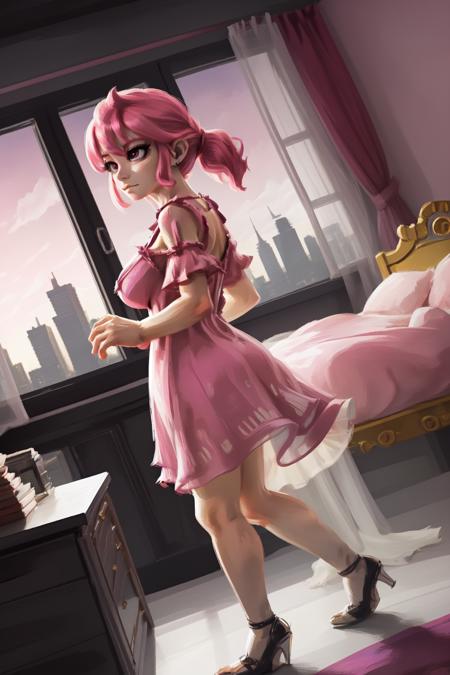 angle view full body from side,pink night dress,large breasts,black eyes, closed mouth,room with city window,, <lora:Brush_V2:1>