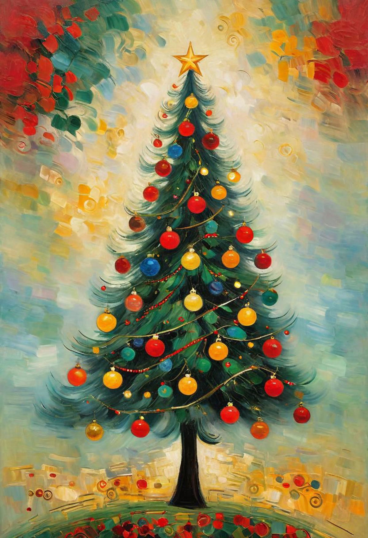 A Painted Christmas Tree with Ornaments and Lights