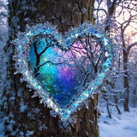 snow covered oak tree stands in the middle of the forest, 
there is a hole in the trunk of the tree with a iridescence Swarovski heart inside, 
colored light shines through the heart, 
show the icy branches hanging down, 
winter background, 
in style of Josephine Wall., 
Broken Glass effect, 
no background, 
stunning, 
something that even doesn't exist, 
mythical being, 
energy, 
molecular, 
textures, 
iridescent and luminescent scales, 
breathtaking beauty, 
pure perfection, 
divine presence, 
unforgettable, 
impressive, 
breathtaking beauty, 
Volumetric light, 
auras, 
rays, 
vivid colors reflects