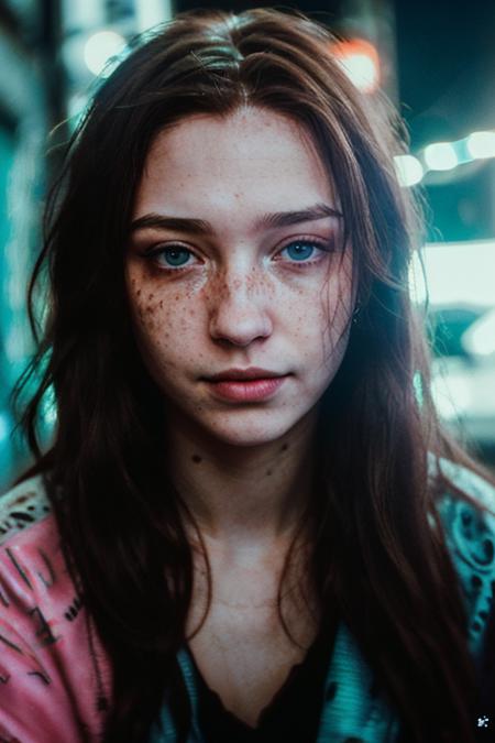 instagram selfie , a 23 year old gorgeous woman , slight smile , detailed skin face and eyes , warm light, long hair , film grain, natural face , freckles , black hair , blue eyes,  dark circles under eyes bokeh, detailed skin, night, neon lights, dark city, graffiti in background, pjw style <lora:pjw_style:1>