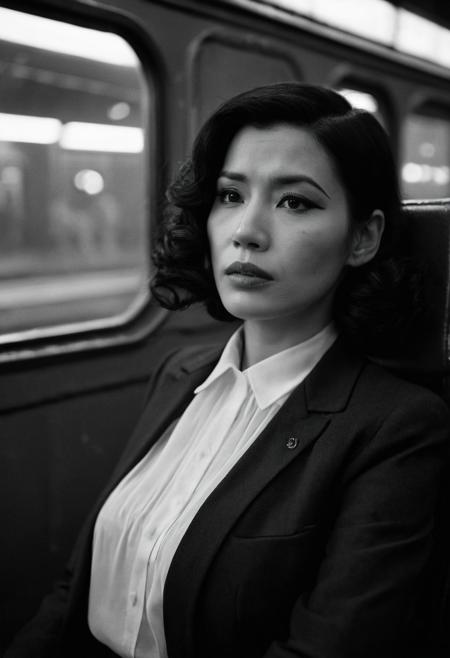 high resolution photo close-up of kkn woman,she has noir hair wearing a 50s suit, in a black and white cinematic movie,she is sitting on a train,gloomy,dimly lit,bokeh,depth of field,she is looking at camera,masterpiece,volumetric fog,film grain
