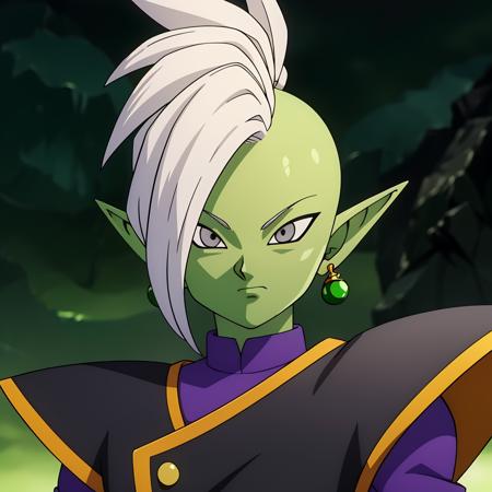 Best_QualityPos, RAW photo, intricate details, best quality, 8k uhd, soft lighting, 1boy, solo, colored skin, green skin, mohawk, white hair, grey eyes, pointy ears, single earring, green earring  <lora:Zamasu:0.8>