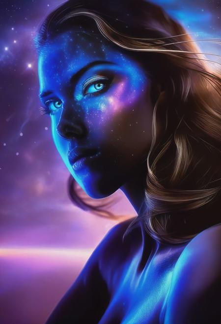 8K. (High quality:1.05), (masterpiece:1.07), (High details and aesthetics face:1.07), "I look at you sensually, showing my powers" A determined realistic adult girl with determined and sensual look, canthal tilt eyes, brown eyes, (thick wavy brown hair flowing until waist in wind:1.07), sensual standing pose, film_theme (she's in a sci-fi blue space galaxy environment, outdoors)