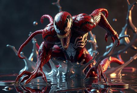 "8K UE5/Octane render of 'Mimighoul Slime Venom'—a crimson symbiote with black/white spider-patterned chest and razor-toothed mask. Dynamic attack pose with outstretched tendrils, set against a 'Metal Reflect Slime' backdrop. Hyper-detailed nanite textures, Houdini FX liquid motion, and ray-traced reflections on slime surface. Post-processed with Kodak grain and Grammer Effect neon glow. Tags: #Venom #Symbiote #MarvelArt."