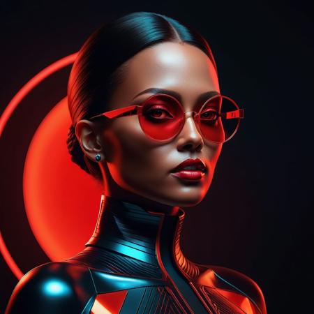 Ultra realistic color pencil  image of
Create a highly stylized, futuristic portrait featuring a confident woman with bold makeup and red-tinted circular sunglasses. She has an air of authority and elegance. The background is a solid, intense red, creating a striking contrast with her smooth, illuminated skin. The lighting is dramatic, highlighting her facial features and casting subtle shadows. She wears hoop earrings and a high-neck dress, exuding a sense of fashion-forward, cyberpunk aesthetics. The overall style is modern, with a vivid color palette and a focus on strong, geometric shapes and clean lines.
BREAK
Dark theme, dynamic lighting, (soft shadows), (soft focus), (photo realistic), uhd, 8k