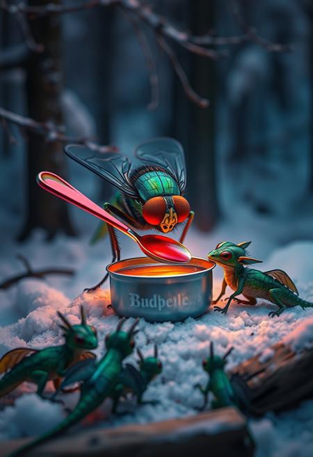 surreal VFX, big domestic fly stirring broth  with a steel red spoon on a campfire, sitting with a group of little green dragons with dark green wings seen under an electron scanning microscope, with details, snow, winter forest, vivid colors