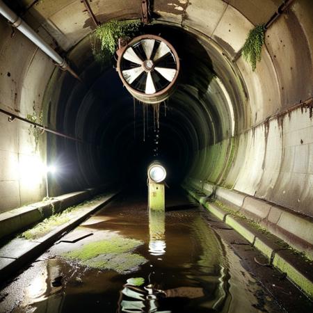 a narrow sewer vent shaft with rotating fan blades barely visible in the darkness, walls lined with moss and broken grates, flashlight beam creating sharp moving reflections on the water-covered floor, air filled with metal and decay, sewer tunnel, reflection, dirty, creepy