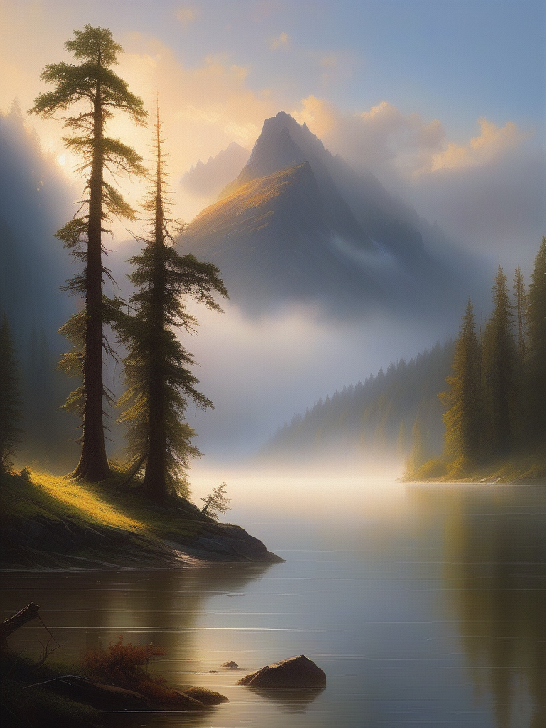 <lora:06NatureArt_Hap_XL:1>, Albert Bierstadt style, Vibrant and dynamic illustrations and vectors, artstation trending, 4k resolution, Masterpiece,highly detailed, <lora:add-detail-xl:0.0001> ,<lora:hand 4:0.0001>, This painting portrays a majestic mountainous landscape shrouded in mist and clouds. The scene is illuminated by soft sunlight breaking through the clouds, casting a gentle glow on the rugged terrain and the serene lake in the foreground. Tall, dark pine trees stand silhouetted against the mist, adding a sense of depth and scale to the composition. The interplay of light and shadow, along with the atmospheric perspective, creates a tranquil and awe-inspiring vista, romanticized vision of nature.