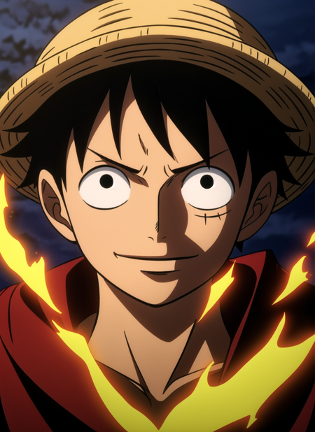 1boy, wanostyle, monkey d luffy, smiling, straw hat, looking at viewer, solo, upper body, ((masterpiece)), (best quality), (extremely detailed), depth of field, sketch, dark intense shadows, sharp focus, soft lighting, hdr, colorful, good composition, fire all around, spectacular, closed shirt, anime screencap, scar under eye, ready to fight, black eyes <lora:wanostyle_2_offset:1.2>